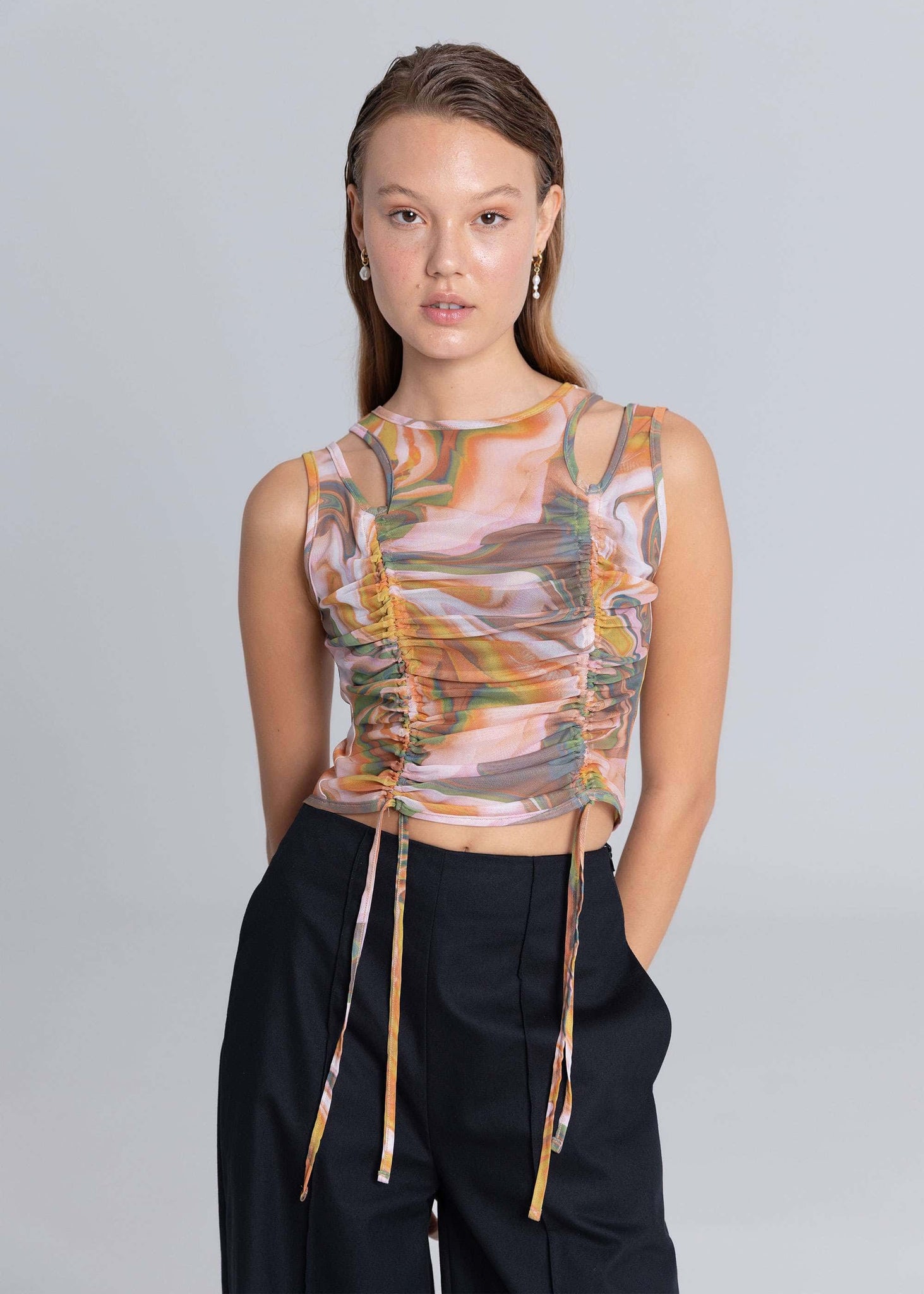 Cut-out Mesh Ribbon Top